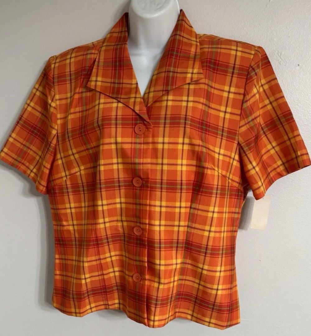 Melissa Harper Blouse Women’s 16 Button Up Orange Plaid Short Sleeve Shirt NEW
